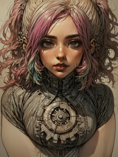 nvinkpunk Charlie Bowater realistic Lithography sketch retrato de uma mulher, flores, [ gears ], pipes,  Punk diesel, multicolored ribbons, texture of old paper,   highly detailed  