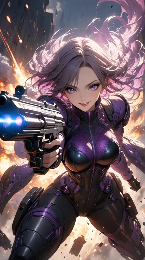  1 mature beautiful woman ,(masterpiece, top quality, very detailed depiction, incredible high resolution,High quality anime drawings), woman in a futuristic bodysuit holding a gun, Wicked Smile ,half-closed purple eyes ,Gunner, shootouts with enemies ,fir...