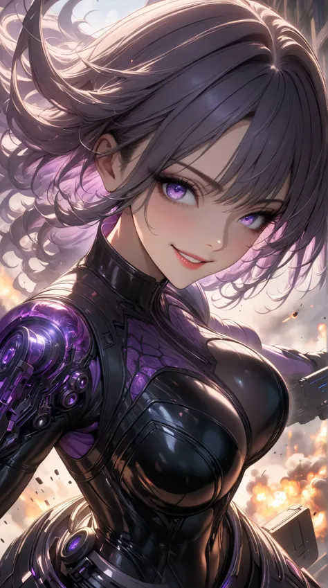  1 mature beautiful woman ,(masterpiece, top quality, very detailed depiction, incredible high resolution,High quality anime drawings), woman in a futuristic bodysuit holding a gun, Wicked Smile ,half-closed purple eyes ,Gunner, shootouts with enemies ,fir...