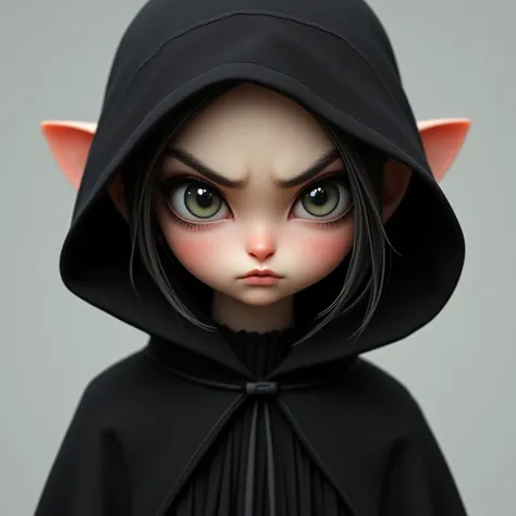 Cute elf girl with a pouting face wearing a black hood, face photo, ultra detailed, absolutely resolution, masterpiece