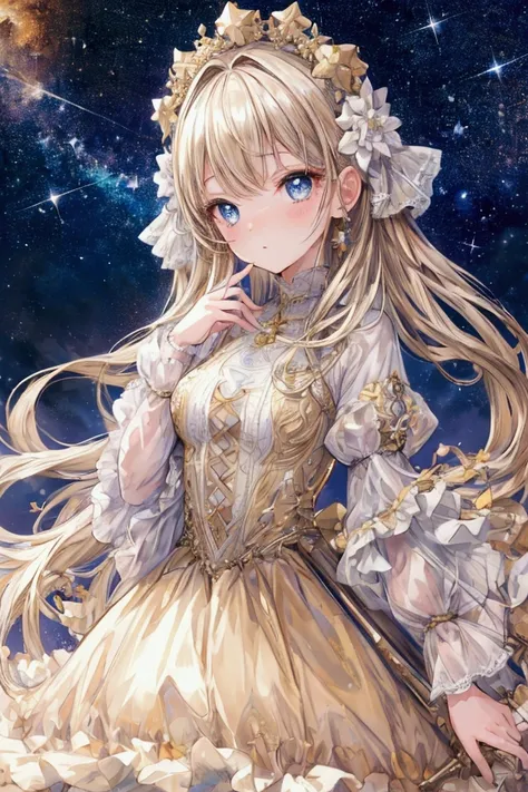 ( Masterpiece 、8k、 top quality)、 Closeup , detailed face , fine grain,  dress,  beautiful digital artwork , landscape, Backlight, ,  Sparkling Eyes ,cute,  one girl, solo,, Beige Hair, standing under the stars ,,Lots of twinkling stars ,
