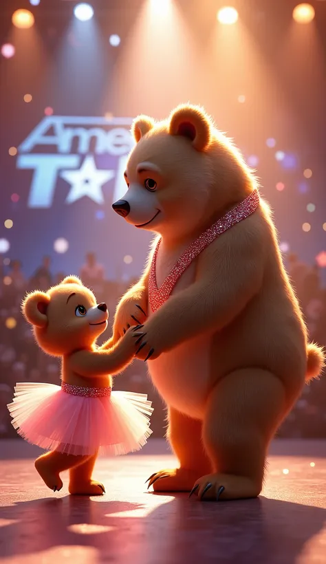 A heartwarming scene on a glowing stage, where a baby bear in a pink tutu dress holds hands with a majestic bear. The bear, standing upright, exudes a magical aura, with soft golden fur shimmering under the spotlight. The background retains its vibrant sta...