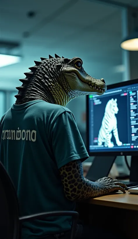  cinematic portrait seen from behind the crocodile monster wearing a T-shirt on the back inscribed with text "GRANDONG ",  is in front of a computer checking a database of photos and in a computer screen display showing a photo of a white tiger figure spor...