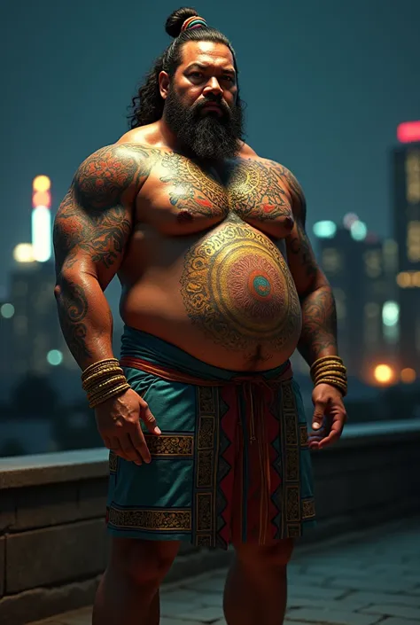 Stocky bulky muscular middle-age japanese male bodybuilder, exposed body, full colourful mandala body paint, full body gold hieroglypth tattoos, white satin fundoshi, long curly hair tied in chonmage, standing on the rooftop veranda, blurry skyscrapper bac...