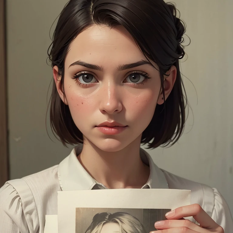 a closeup of a young womans face, pose with her hand on her chin on a piece of paper, realistic old photograph, realistic old photo, grainy damaged photo, on old paper, aged photo, old photo, damaged photo, very old photo, old photo, post grunge portrait, ...