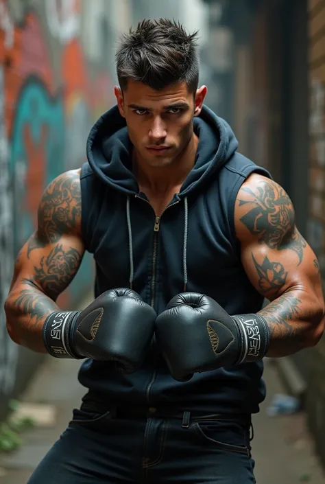 Handsome british Teen man. BEST tattoo hood jacket boxer hero fashion inspired. Full body picture.  Weapon: Punch.  TEEN MAN