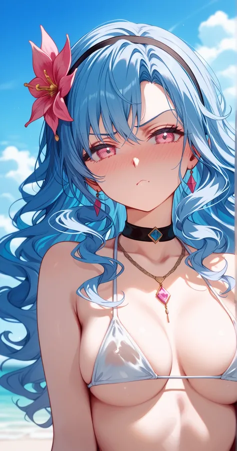 romancing saga 2, long hair, pink eyes, blue hair, wavy hair, hair ornament, black hairband,
choker, necklace,bikini,underboob
BREAK
25 year old woman、medium breasts,sexy Lip、Translucent skin， the skin is fair 、Moist eyes、Gentle eyes、Gentle look,looking at...