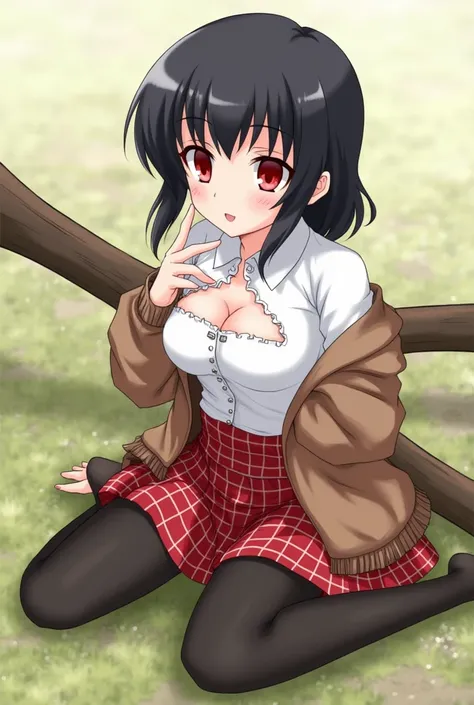 an anime girl with cups and a  skirt sits on ground and poses,  1  , Alone,  skirt,  tem ,  shirt, white  shirt,  pantyhose,   red eyes , cups,   black hair , shoe, red  skirt, Check pattern  skirt, Viewers,  open clothes , Check pattern, collared  shirt, ...