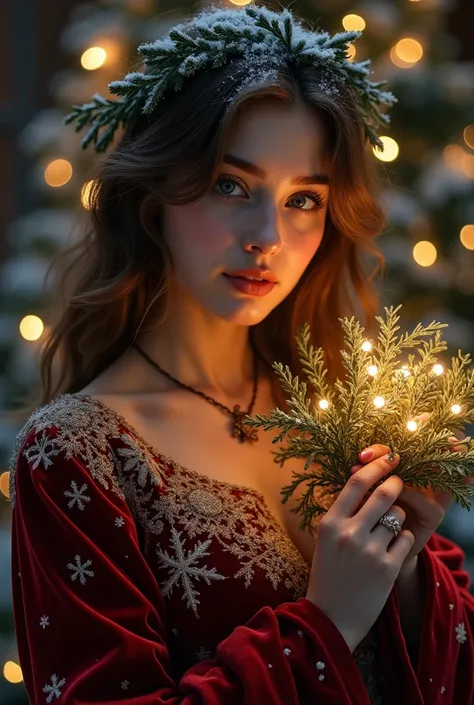 A beautiful young European woman with a perfect face, adorned in a Christmas outfit, depicted in ultra-realistic chiaroscuro, wrapped in a dark red velvet dress with elaborate snowflake embroidery, holding a mistletoe, illuminated by a soft glow that mimic...