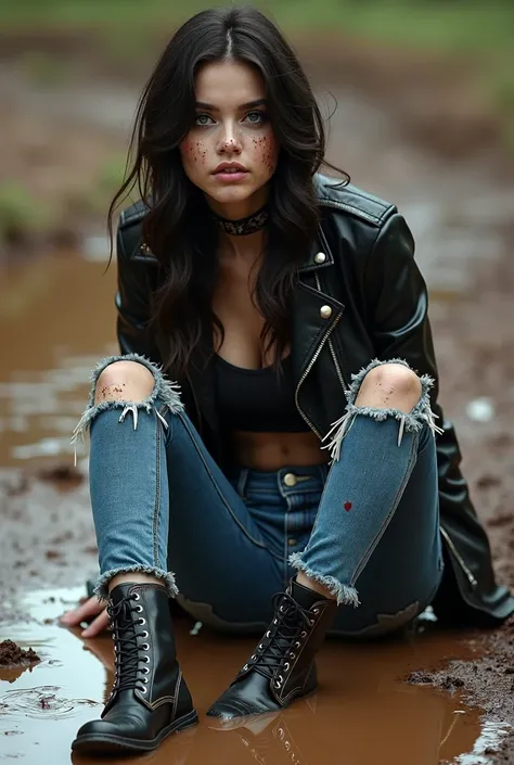 realistic, high quality, 4K, full body cute goth girl standing in a muddy ditch, wearing a black leather jacket, ripped tight blue jeans and rubber boots, heavy make-up, jeans and boots covered in brown creamy mud, mud splatters on her jacket and face