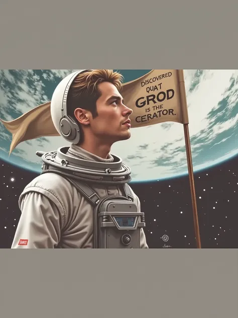 An artistic drawing of an astronaut in space with a poster written “I discovered that God is the creator” in the background showing the Earth and the stars , com uma bandeira escrita “descobri que Deus existe” a bandeira flutundo na pouca gravidade