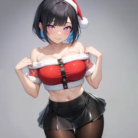  1 Woman ,  beautiful skin,  fine skin, Vibrant Hair,  glowing eyes, JK, ( black hair,  short bob hair),  Thin Waist ,  slender body, Big Breasts:1.2,  Cowboy Shots, see-through santa costume,  Off Shoulder , Cropped tops,  Santa Micro Mini Skirt , Shiny t...