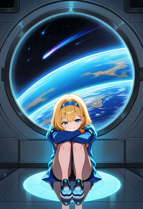 1girl, arms on knees, blonde hair, blue eyes, blue shirt, earth (planet), flat shoes, hairband, hugging own legs, layered clothing, long sleeves, planet, porthole, puffy short sleeves, puffy sleeves, reflection, sci-fi shirt, shooting star, short sleeves o...