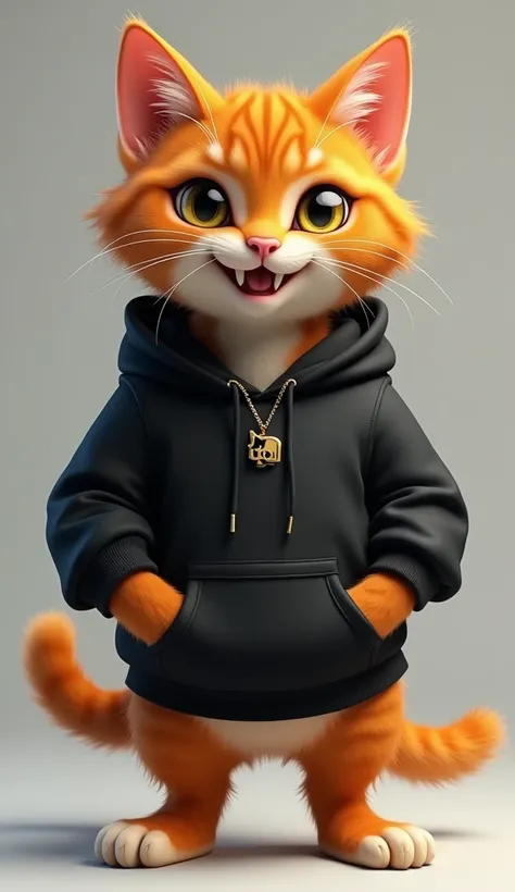 Charming, realistic full body photo of an orange cat with vampire-like teeth wearing a black hoodie and a small necklace with a small pendant that says uci standing on two legs very realistic, sharp focus, high resolution, 8k