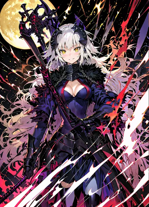 by happoubi jin, by fuzichoco, by lam, by kinta (distortion), by lack, by quasarcake,
1girl, jeanne darc alter (avenger) (fate), solo, yellow eyes, weapon, breasts, long hair, armor, thighhighs, armored dress, smile, sword, headpiece, holding, fire, white ...