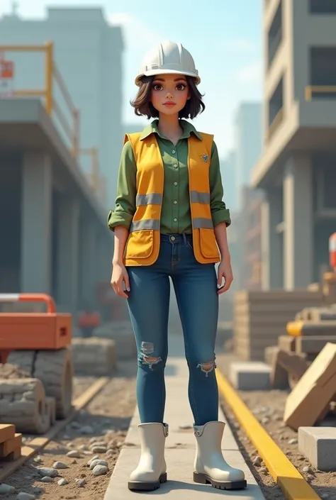 GIRL WITH WHITE HELMET WHITE SAFETY BOOTS BLUE JEANS GREEN SHIRT SHORT HAIR ENGINEER YELLOW VEST