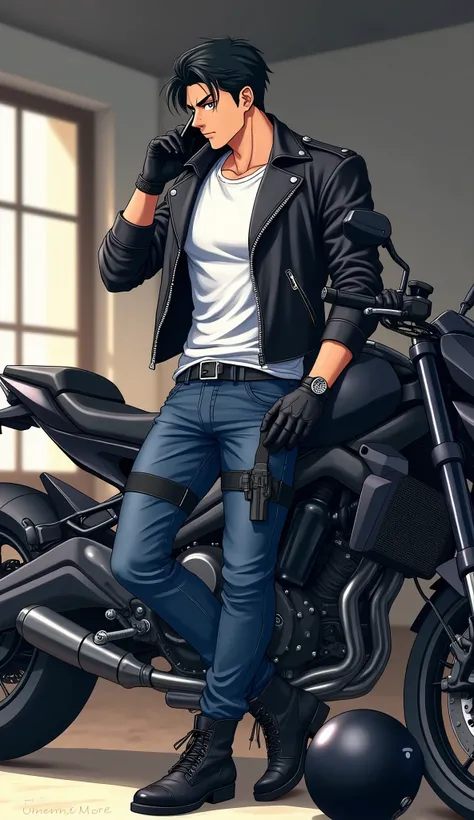 Create an image of a young man with black hair and a muscular physique, wearing a white crew-neck T-shirt under a black leather jacket. He is dressed in blue jeans with a black leather belt, black motorcycle gloves, black combat boots, and a black thigh ho...