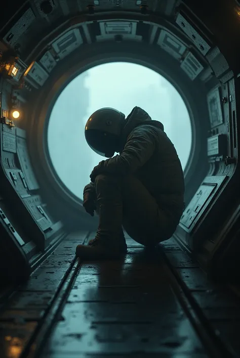 Isolated and depressed astronaut inside a capsule 