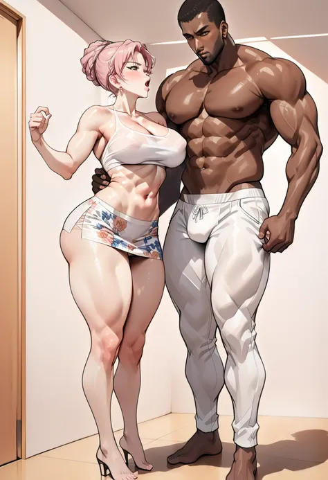 (1 young man), (1 asian Mom), (Duet), A mom seduces a young blackman，（strong and naked black man，huge cock, ripped muscles, short pant muscle body，bodybuilder），（a young mom with big breasts，narrow waist，bare shoulders，(white short skirt dressed, floral pri...