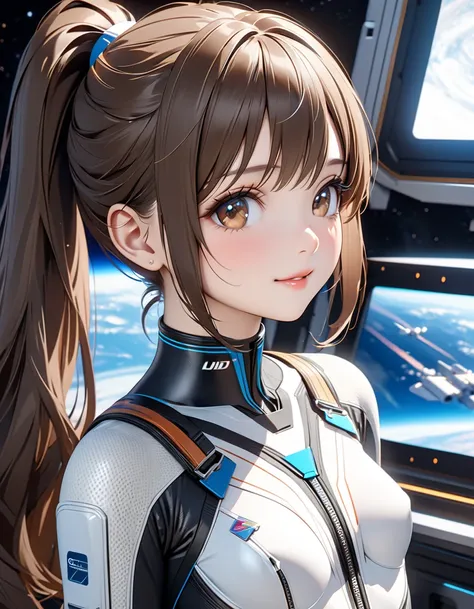 Space Station,  cute face:1.5, Petite:1.5, ,  long hair on background:1.5,  ponytail, Brown Hair, Small breasts, UHD, retina, masterpiece, ccurate, anatomically correct, textured skin, super detail, high details, high quality, best quality,  highres icon, ...