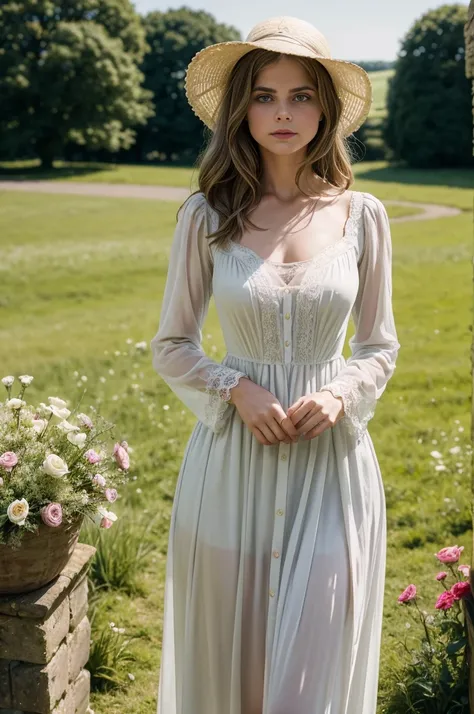 (Nastassja Kinski), Tess movie by director Roman Polanski in 1979, 1girl, Tess standing in broad daylight in the middle of a beautiful Dorset countryside with flowers, wearing a beautiful Laura Ashley romantic 19th century dress using fabrics that are repr...