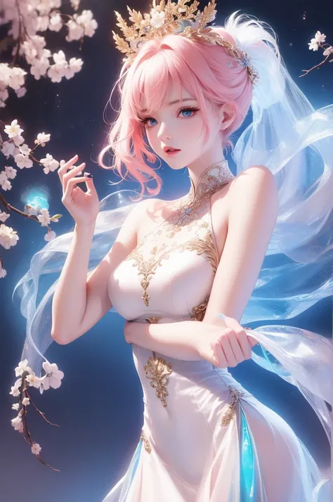 (  masterpiece ), ( Aline  with a full body), (  super detailed), (dirty hair ), (  similar to Kemono ), (1 female) ( pink long hair 1 .5) ( Blue Eyes) (  Ponytail 2  .0), (((( No shoulder ))),Hanfu, (  Observe the audience , (interview), (  for a simple d...