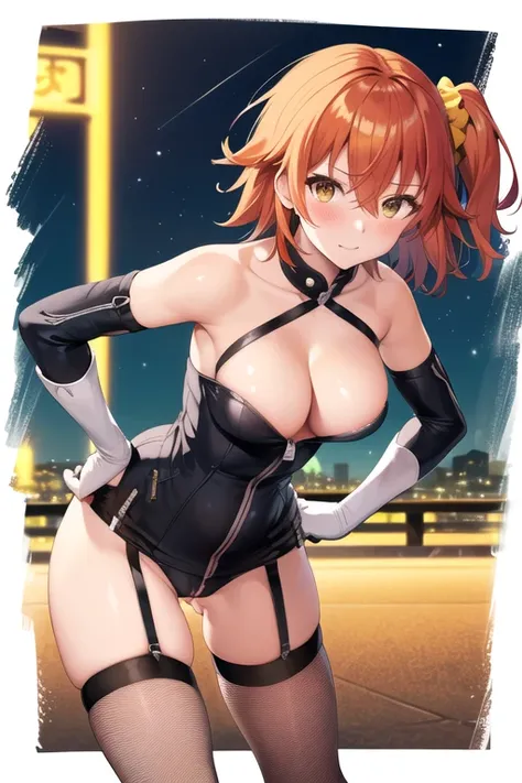 Fujimaru Ritsuka,short hair,orange hair,ahoge,((one side up:1.4)),hair between eyes,bangs,hair yellow scrunchie,yellow eyes,
(highleg:1.4),(shiny clothes:1.2),bare shoulders,elbow gloves, fishnet legwear, fishnets, gloves,(skin tight:1.3), thighhighs, 
(ca...