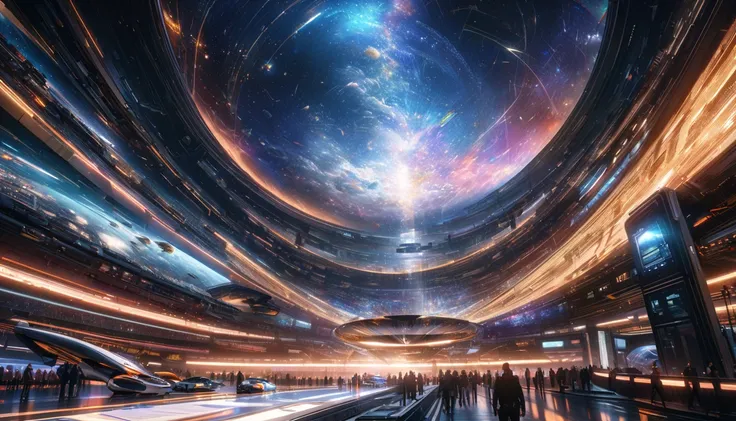 A colossal space station floating in a vast mysterious universe its metallic surface shimmering in the light of distant stars, A glowing tunnel extends from the space station to a distant planet filled with futuristic flying cars speeding through, The spac...