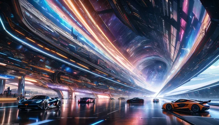 A colossal space station floating in a vast mysterious universe its metallic surface shimmering in the light of distant stars, A glowing tunnel extends from the space station to a distant planet filled with futuristic flying cars speeding through, The spac...