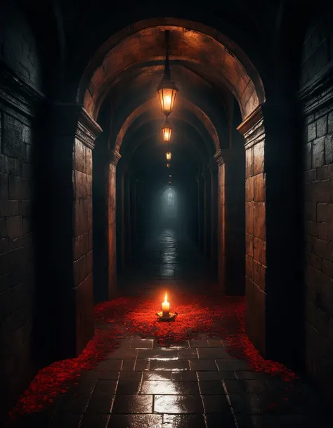  dimly lit tunnel with bloody floor and light ,  candle-lit catacombs ,  ominous nostalgic concept graphics ,  dark concept art ,  dark fantasy concept art , photorealistic  dark concept art ,  Dark Souls concept art , dark soul concept art , horror art , ...