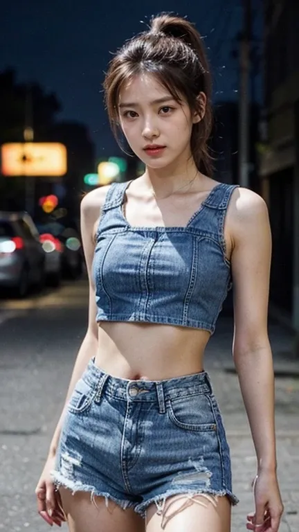  A beautiful woman presented like a real photo . (denim shorts: 1.5, Crop top: 1.6,  ponytail: 1.3, Brown hair: 1.2),  Boasts a sophisticated and sophisticated design . The background is an urban street with dark night lights , ( bright lights: 1.2).  has ...