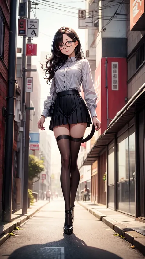 ((mejor calidad)), (( masterpiece )), (Detailed), ( Black pleated skirt for students ,  dynamic lighting , movie lighting), 動漫wind格, ((( full body ))), Cute Japanese girl, ((Front view)),  looking at the spectator ,  wind ,  perfect body structure ,  White...