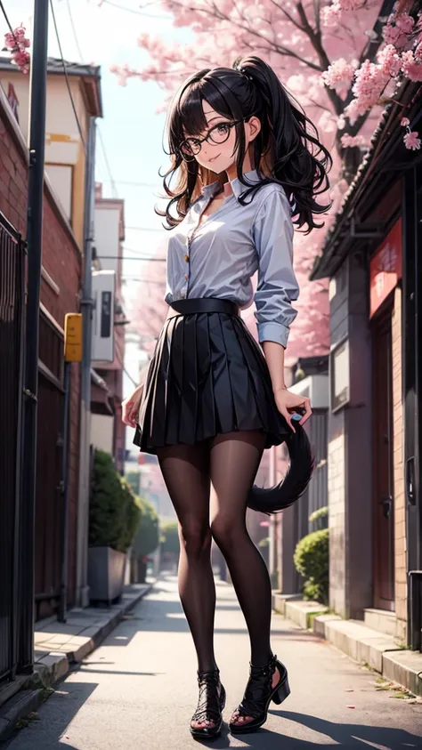 ((mejor calidad)), (( masterpiece )), (Detailed), ( Black pleated skirt for students ,  dynamic lighting , movie lighting), 動漫wind格, ((( full body ))), Cute Japanese girl, ((Front view)),  looking at the spectator ,  wind ,  perfect body structure ,  White...