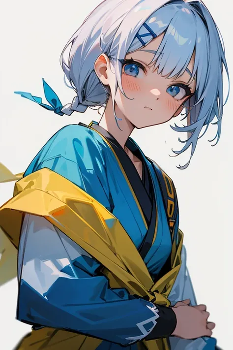   short white hair , , 、Headbang 2.、、 braiding 、2 hair clips、Hair Up、Yellow and blue clothes 、Okinawa style、 The image of the face remains the same、Okinawa Costume、Dance happily、Hey hey hey、