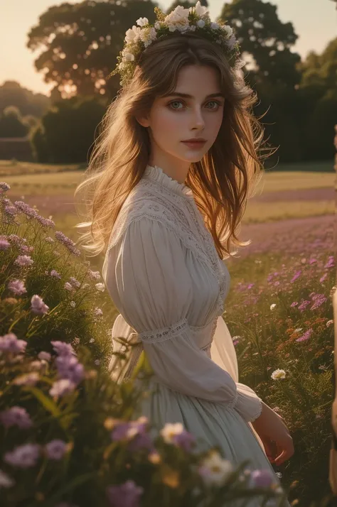 (Nastassja Kinski), Tess movie by director Roman Polanski in 1979, 1girl, Tess standing in broad daylight in the middle of a beautiful Dorset countryside with flowers, wearing a beautiful Laura Ashley romantic 19th century dress using fabrics that are repr...