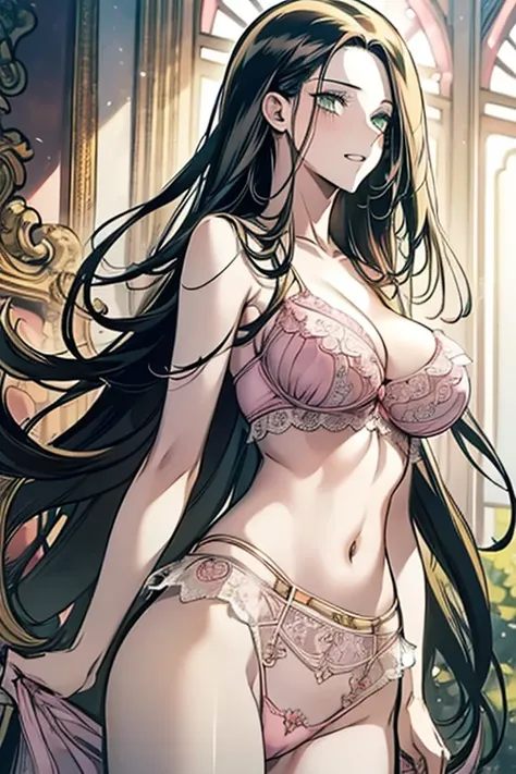 altairdb, very long hair, (green eyes:1.4), (black hair:1.4), laugh,masterpiece, best quality, in detail,cute, (split), whole body, (((pink sexy lingerie))) ,sexy, (Beautiful breast), (beautiful body),large breast, Very detailed、highest quality、Best image ...