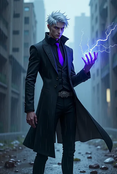 Make a male player white hairs       purple eyes black coat and pant       purple tie and his off hand                appeared blue lighting chidori and Minecraft rainy background 8k resolution result