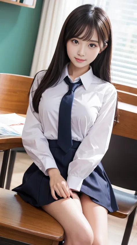 Best Quality、High resolution、A beautiful high school girl spreads her legs to show off her pussy、Long Black Hair、Firm breasts、Student Uniform,Blue collared long sleeve shirt、mini skirt、Great style、nsfw, sitting on desk, legs wide open:1.5, Pussy:1.5, Detai...