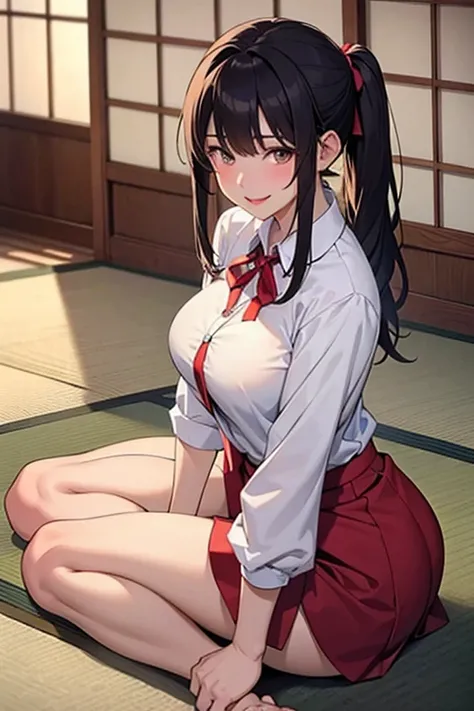 (( top quality)), ((  Masterpiece  )), (  detailed hands , Detailed Fingers ,Detailed feet), perfect anatomy,  1 28 year old Japanese girl, Side view of a girl,Turn your face to the audience to the audience,Big Breasts,Sexy office lady,White collared shirt...