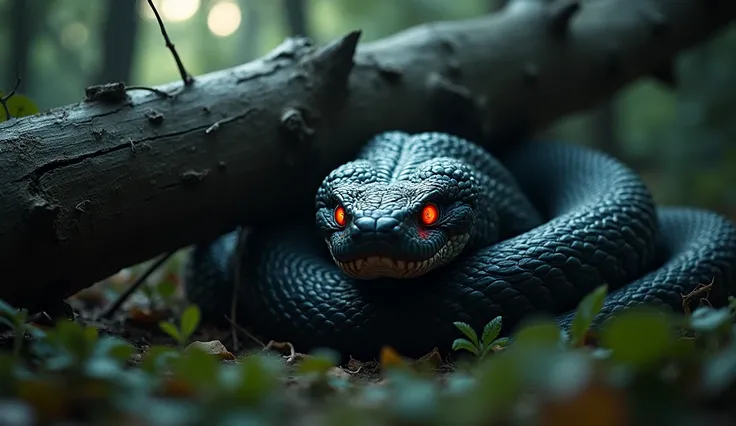 ((ultra-realistic photo)) [A massive, dark black snake with glowing red eyes, clearly angry and in pain. The snakes large body is coiled and partially crushed under a large tree that has fallen on top of it. The snakes scales are detailed and textured, wit...