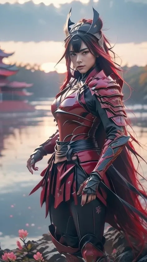 A sexy female character wearing red armor as a warrior from the Warring States period、((Medium long hair))、((Cherry red hair))、((toned body))、(glistening skin)、 tight body、((mega breasts 1.8))、 plump breasts 、 plump thighs 、The red armor engraved with azal...