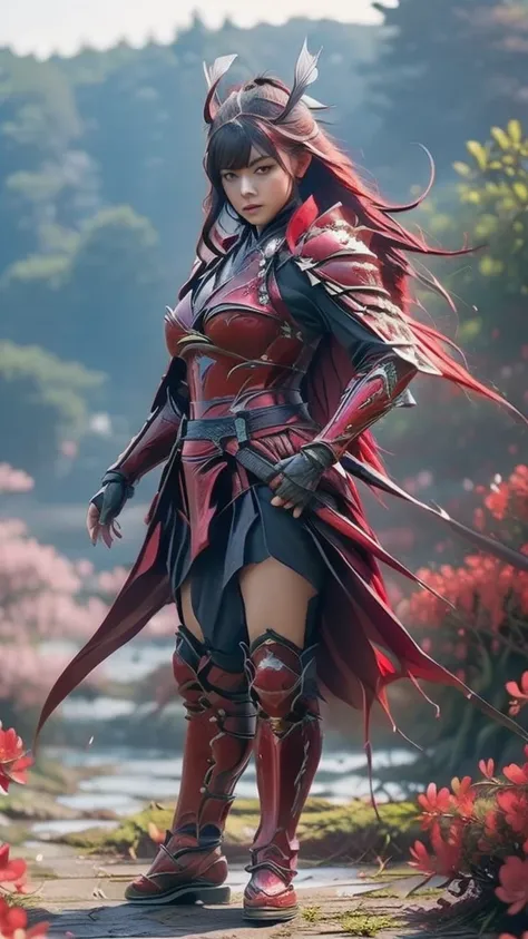 A sexy female character wearing red armor as a warrior from the Warring States period、((Medium long hair))、((Cherry red hair))、((toned body))、(glistening skin)、 tight body、((mega breasts 1.8))、 plump breasts 、 plump thighs 、The red armor engraved with azal...