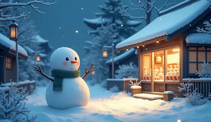 Shinkai Makoto Japanese anime style,  A warm Christmas background ,  snowman,  Japanese anime style,It has a small shop ,  It has atmospheric lights,  It has a quiet atmosphere 