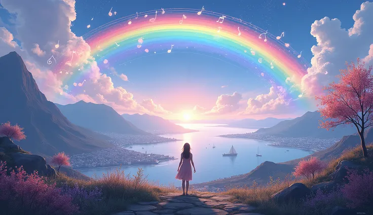 rainbow and musical notes 　 gentle music 　 Scenery　Rainbow　 music poster　 endless cityscape 　Mountain　sea　 imaginary　depth 　Guided by light 　A little dark