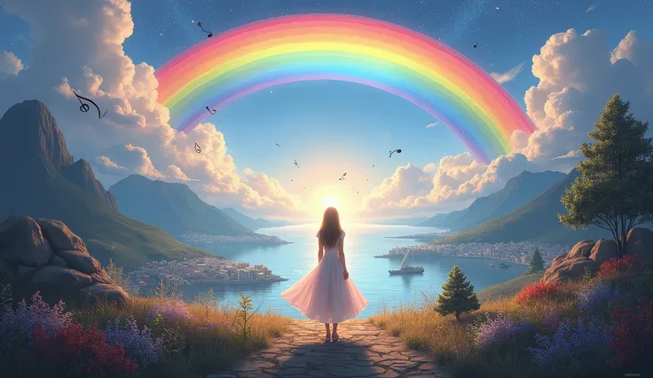 rainbow and musical notes 　 gentle music 　 Scenery　Rainbow　 music poster　 endless cityscape 　Mountain　sea　 imaginary　depth 　Guided by light 　A little dark　evening