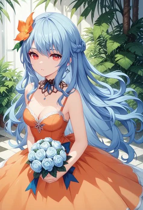 Rocbouquet　blue hair　long hair　red eyes　orange dress　hair flower　ローアングル　