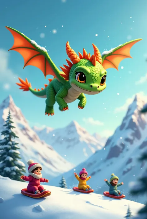 Un bébé dragon vert pomme avec des ailes. Il vole au-dessus d’une montagne et crache des flocons de neige. Sur la montagne, il y a des enfants qui glissent.