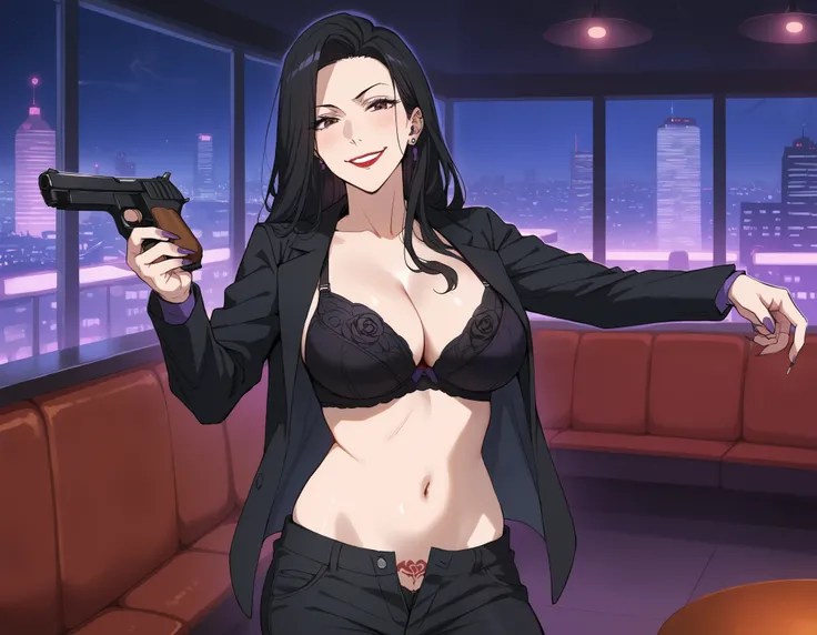 score_9, score_8_up, score_7_up, score_6_up, score_5_up, score_4_up, BREAK source_anime, 1girl, mature female, slim figure, solo, ChopioMeiMei, black hair, looking at viewer, purple nails, long fingernails, earrings, red lips, large breasts, ear piercing, ...