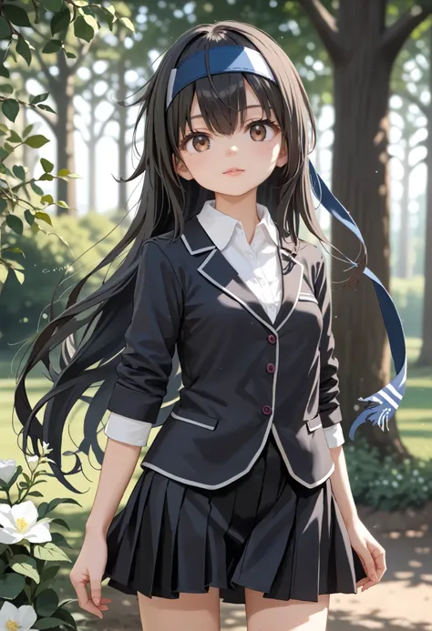  score_9, score_8_up, score_7_up, source_Anime, Cowboy Shots, idealized form, natural light,  detailed background,blurry background, very detailed, 1 girl,(),first frost ( kancoll), Brown Eyes ,(left(white)right(green)) headband behind a tree,(black)long h...