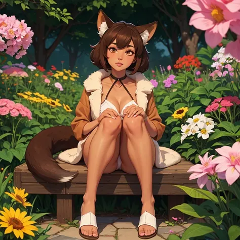 fox, (monster girl), long brown ears with darker brown inside, brown fur, tan neck fluff, brown fluffy tail with a tan tip, large brown eyes, wearing modest clothing, red thongs, sitting in a flower garden, masterpiece, best quality